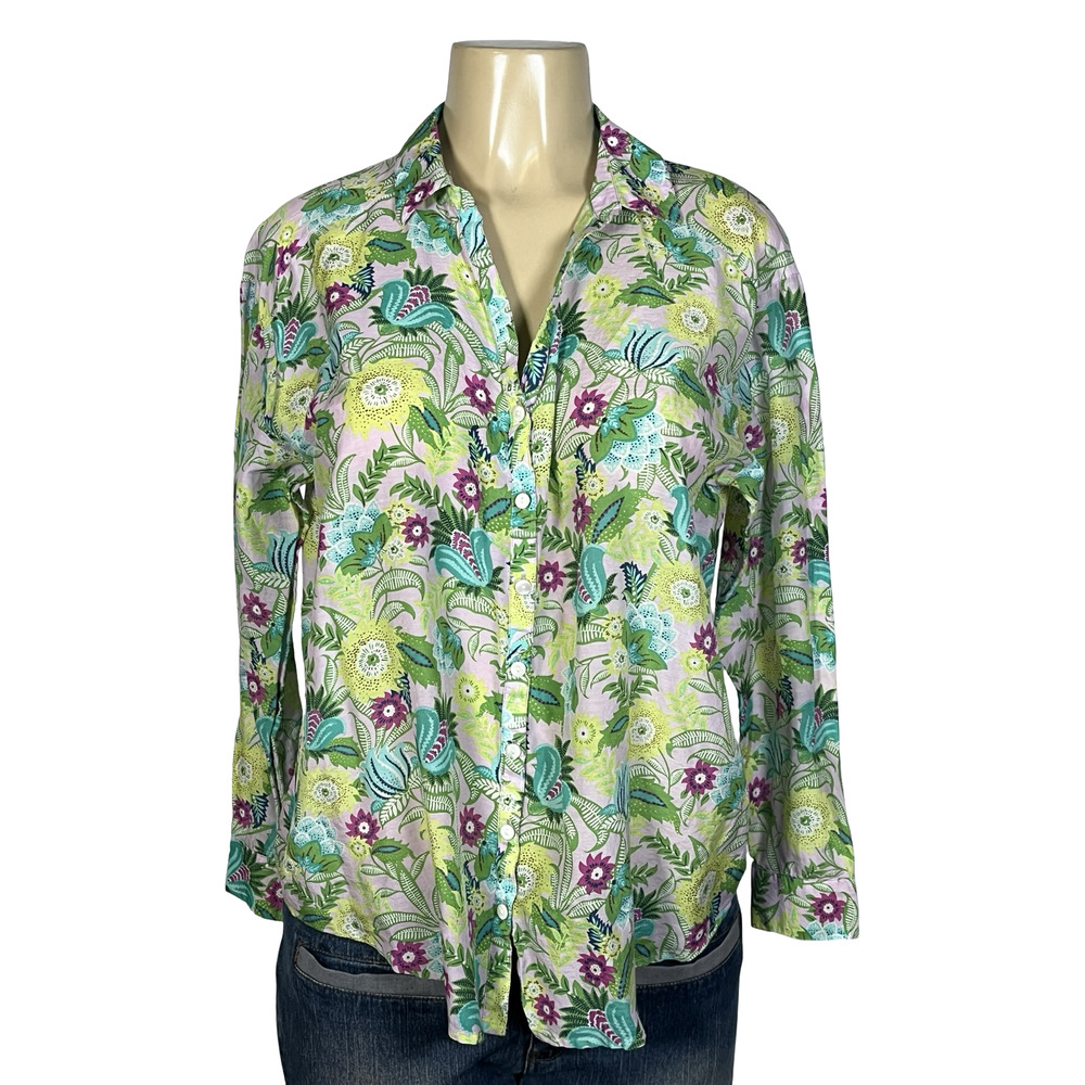 J. Jill Shirt Womens M Petite‎ Multicolor Floral Button Front Cotton Silk Soft
